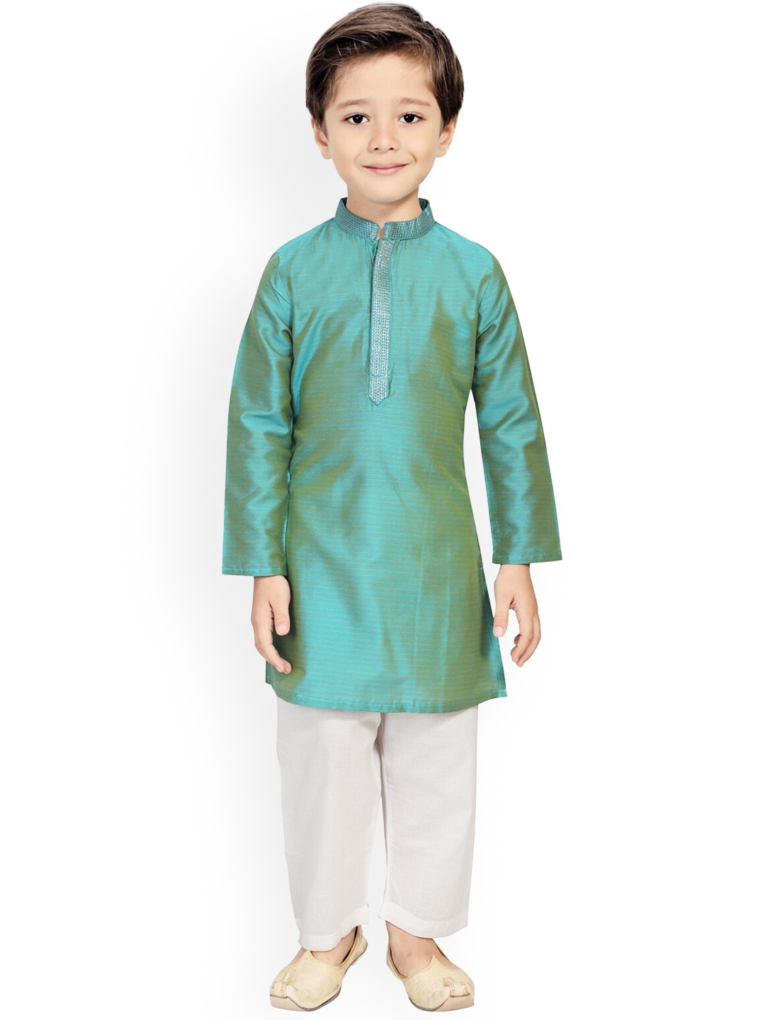 

SALWAR STUDIO Boys Turquoise Blue Art Silk Kurta with Pyjama Set