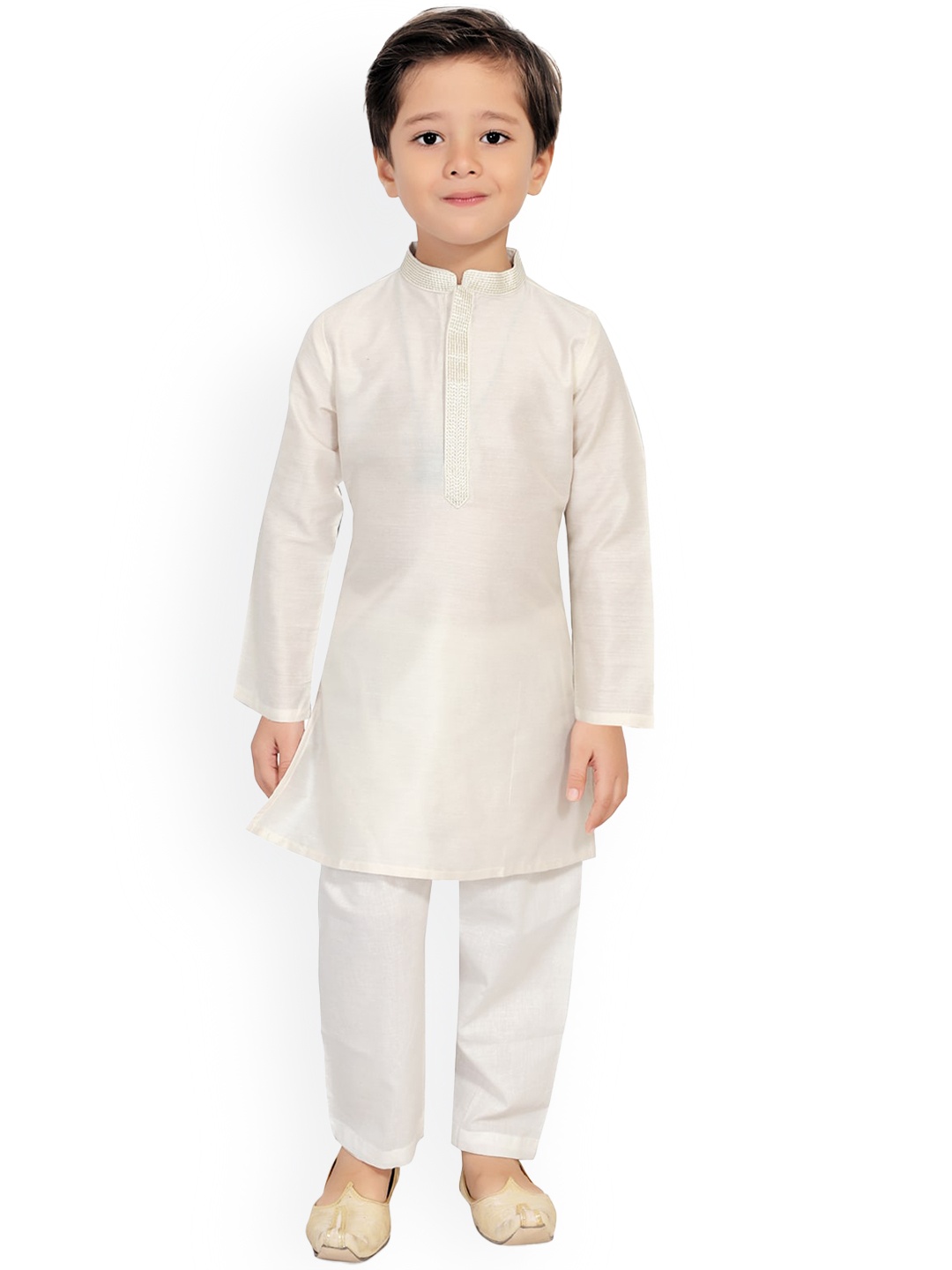 

SALWAR STUDIO Boys Off White Art Silk Kurta with Pyjamas