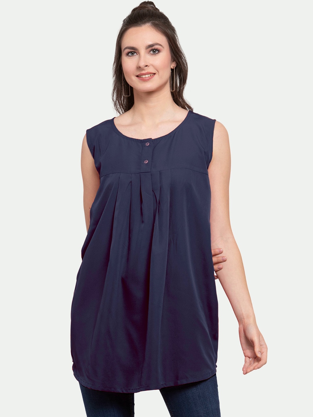 

PATRORNA Women Navy Blue Accordion Pleats Longline Top
