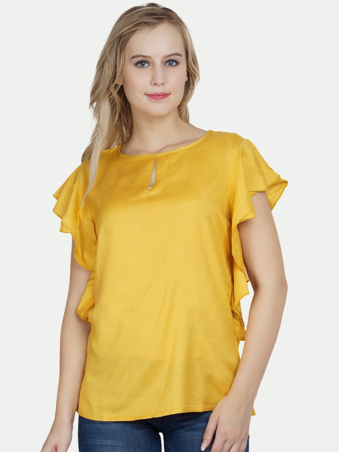 

PATRORNA Women Mustard Yellow Keyhole Neck Ruffles Top