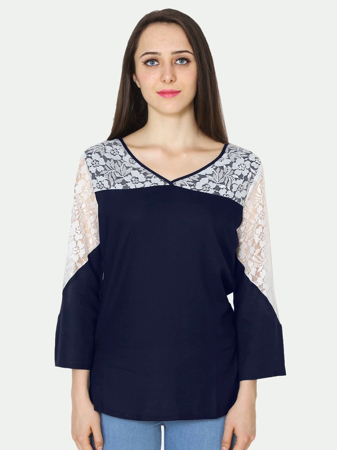 

PATRORNA Women Navy Blue & White Top