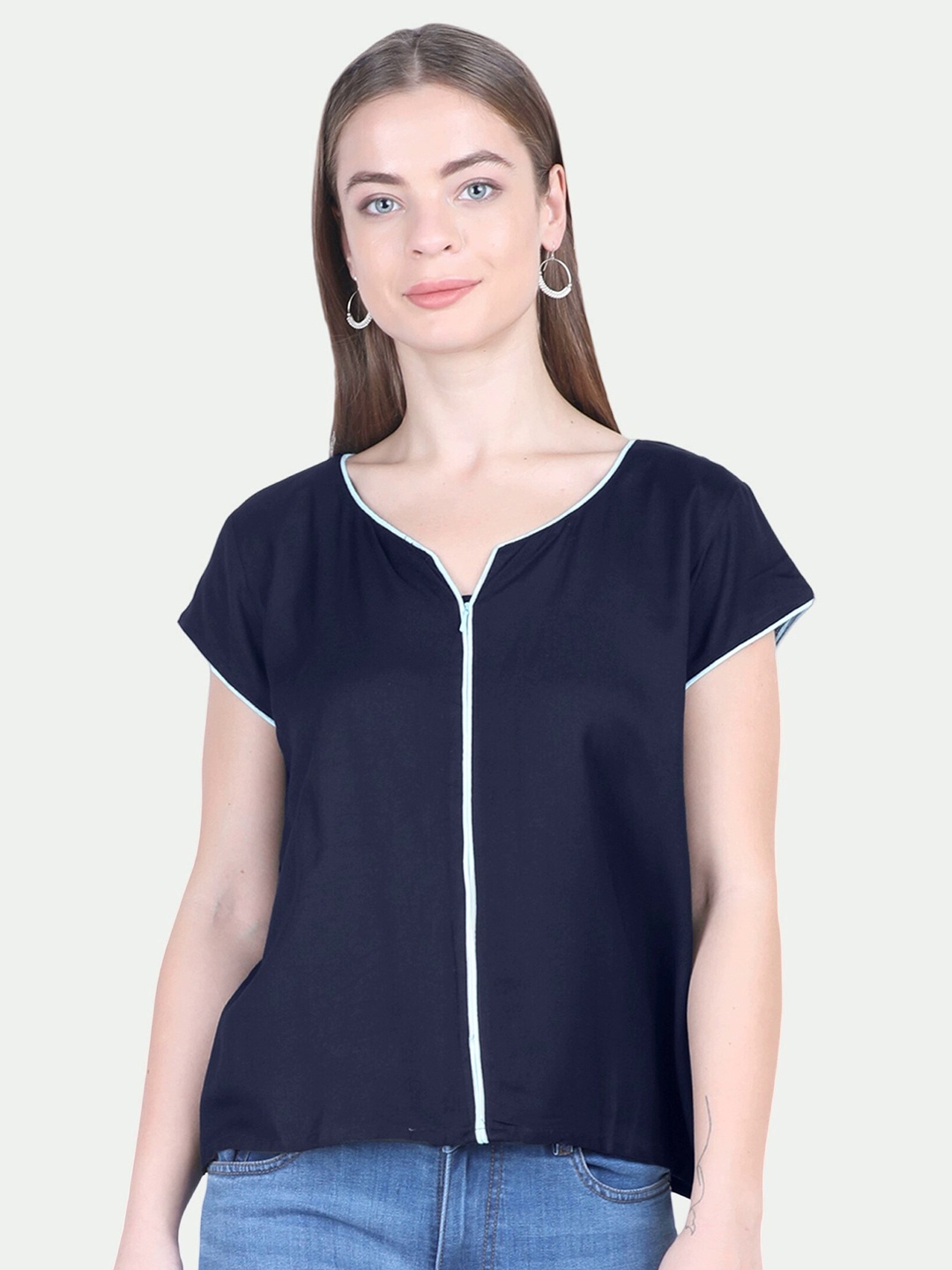 

PATRORNA Women Navy Blue & White Top