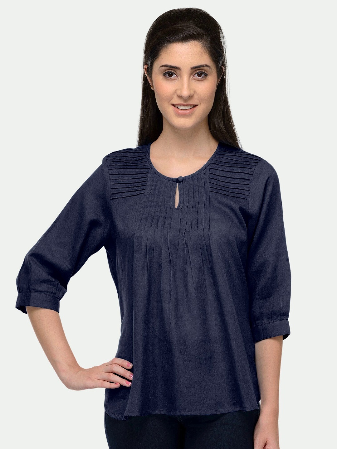 

PATRORNA Women Blue Keyhole Neck Top