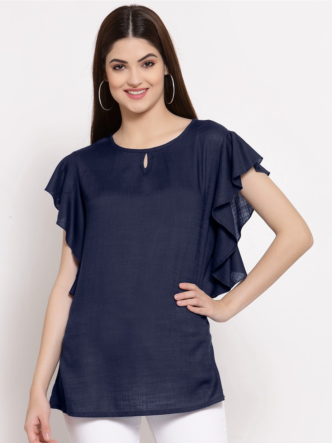 

PATRORNA Women Blue Keyhole Neck Ruffles Top