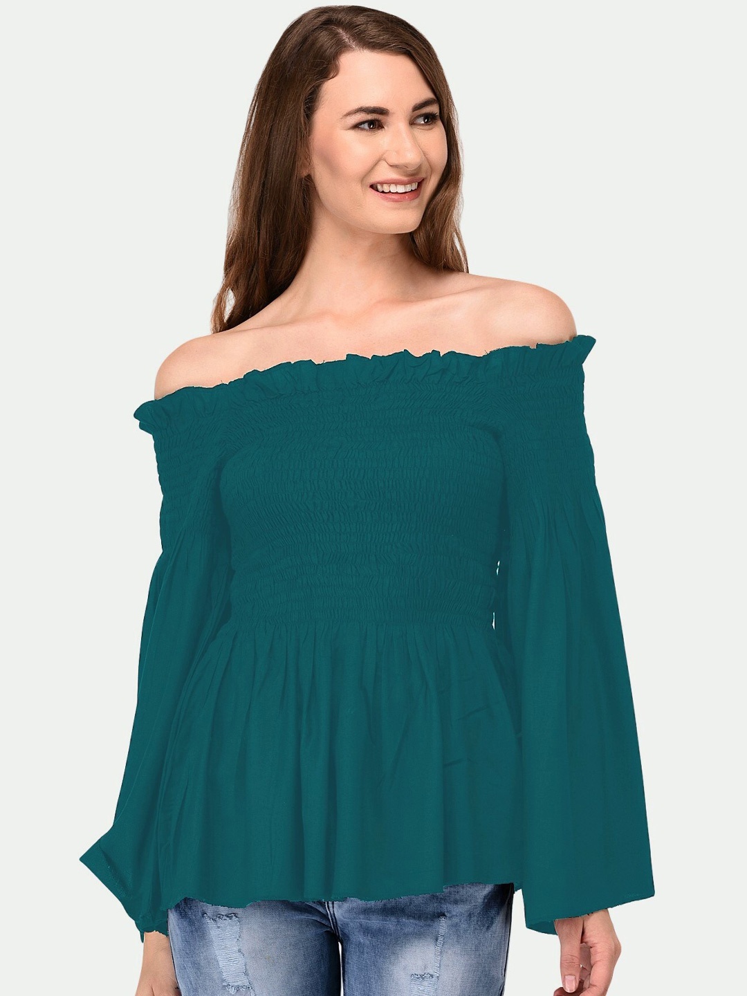 

PATRORNA Women Green Off-Shoulder Bardot Top