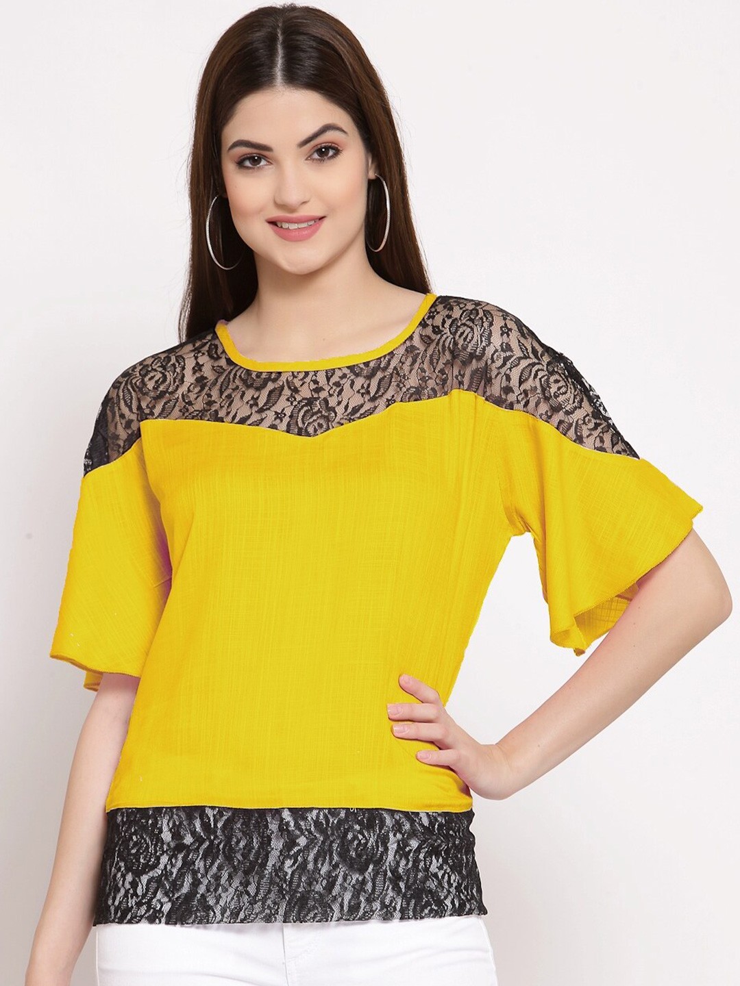 

PATRORNA Women Mustard Yellow & Black Top