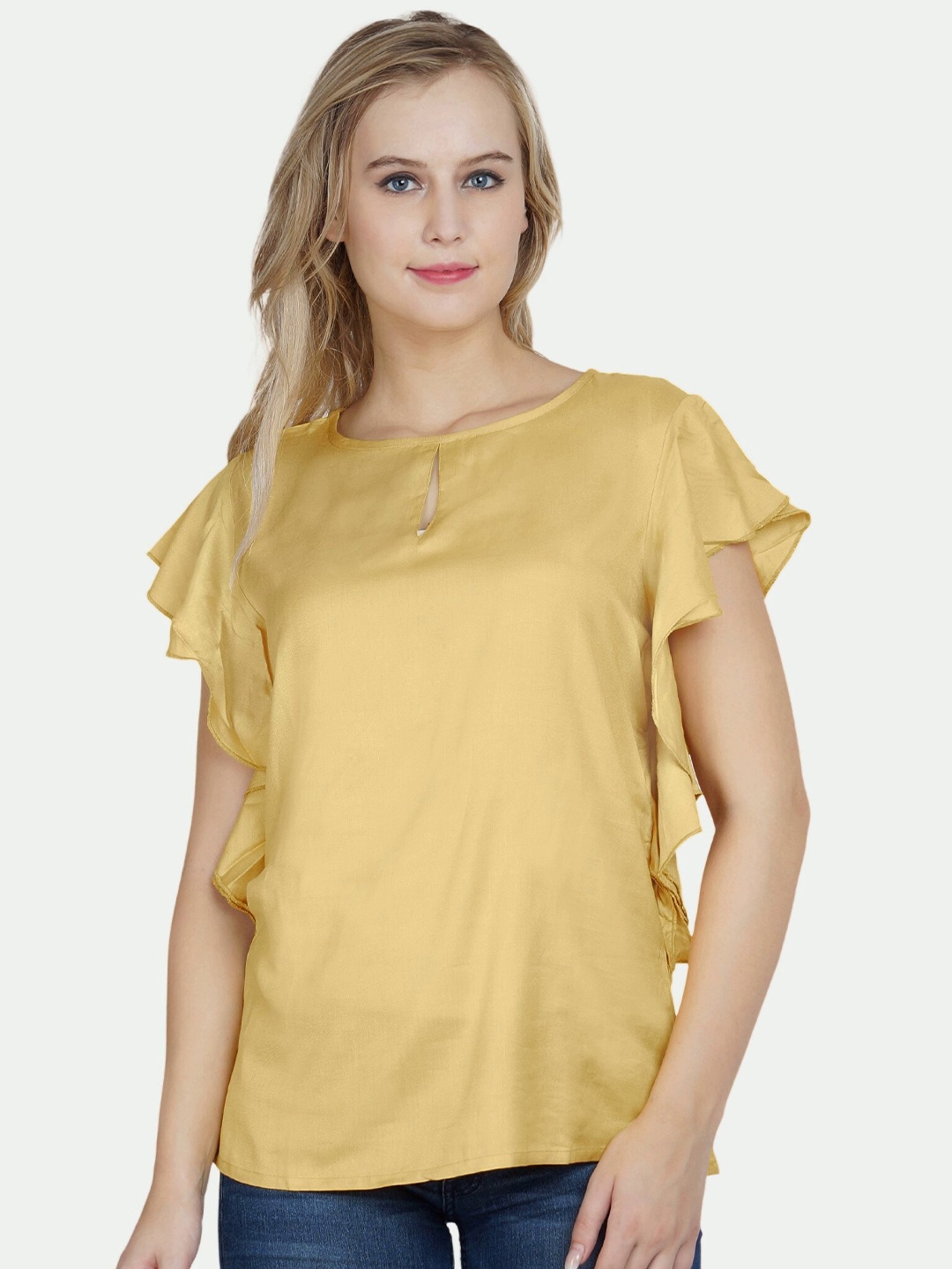 

PATRORNA Gold-Toned Keyhole Neck Ruffles Top