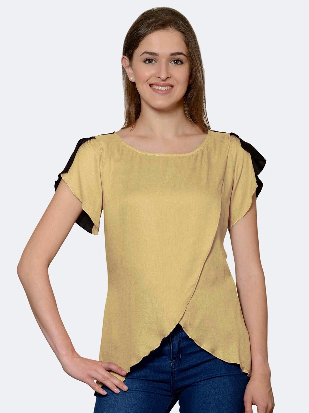 

PATRORNA Women Gold And Black Flared Sleeves Layered Wrap Top