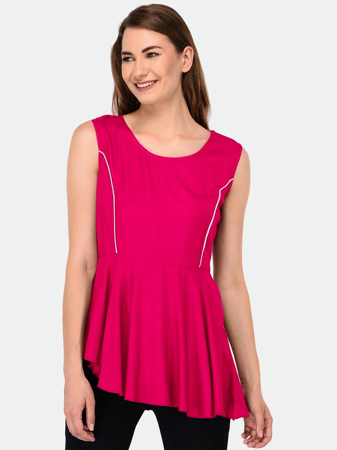 

PATRORNA Women Pink Twisted Sleeveless Asymmetric Hem Peplum Top