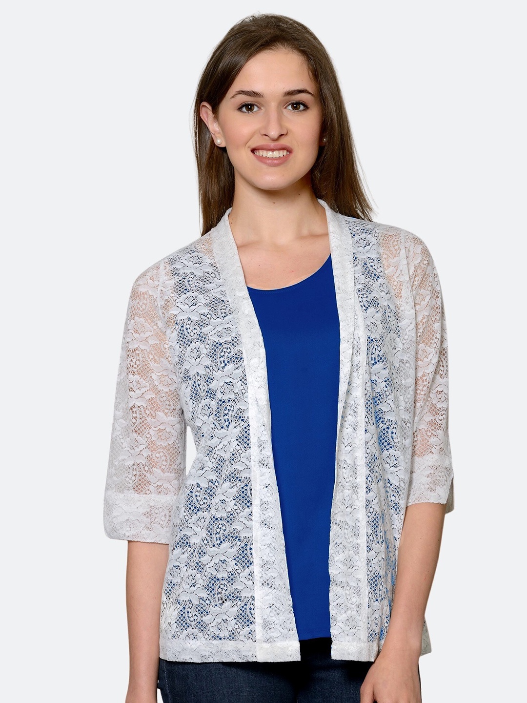 

PATRORNA Women Blue And White Camisole Top With Lace Shrug