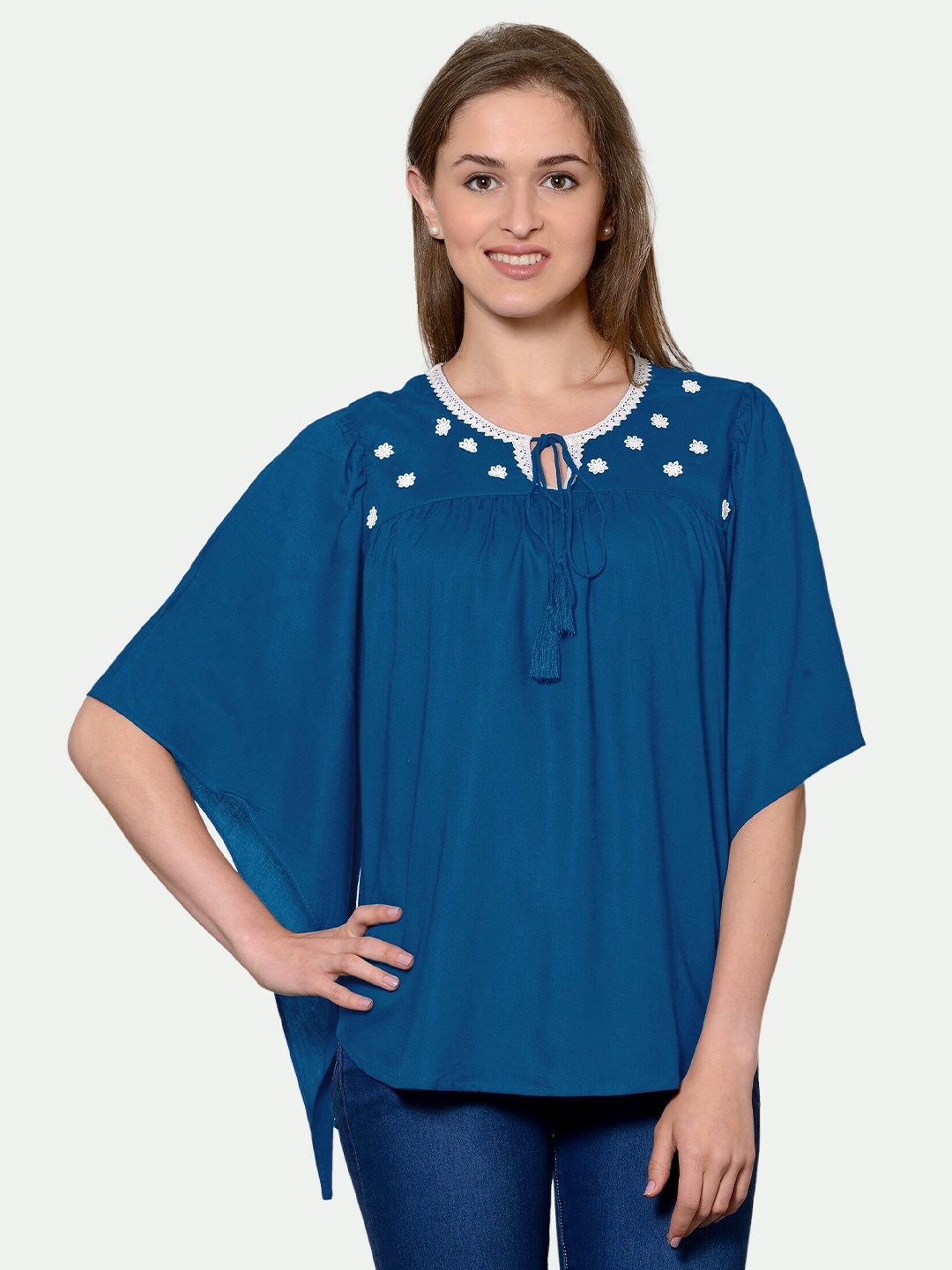 

PATRORNA Women Blue Tie Up Neck Kimono Sleeves Top
