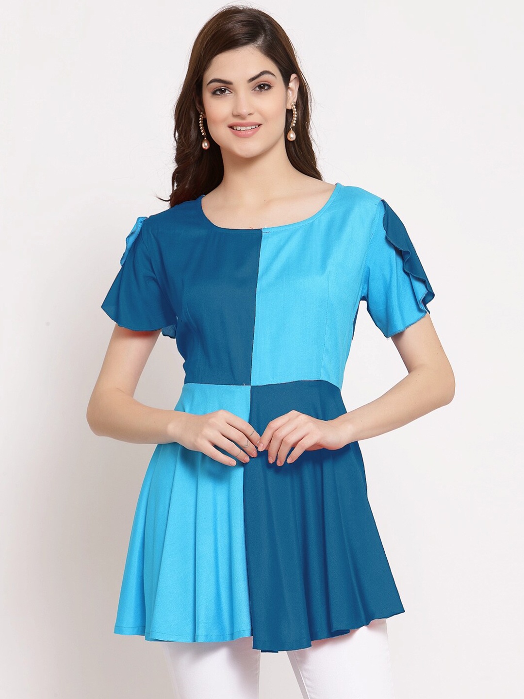 

PATRORNA Women Blue Colourblocked Flared Sleeves Peplum Top