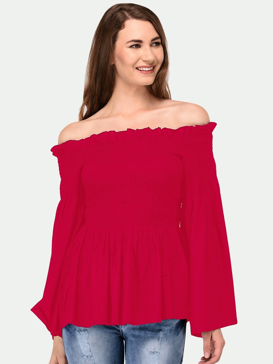 

PATRORNA Women Pink Smocked Off-Shoulder Long Sleeves Peplum Top