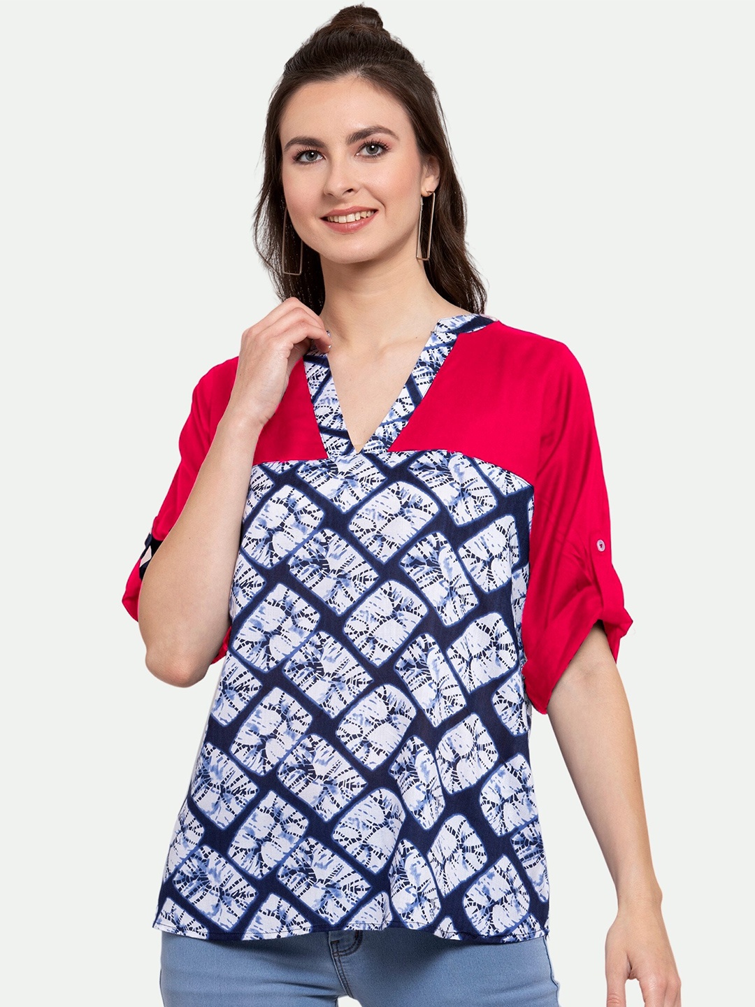 

PATRORNA Women Blue & Red Printed Roll-Up Sleeves Top