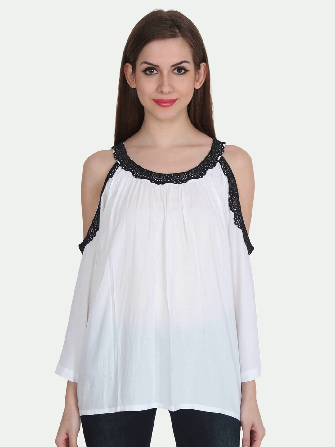 

PATRORNA Women White & Black High-Low Cold Shoulder Sleeves Boxy Top
