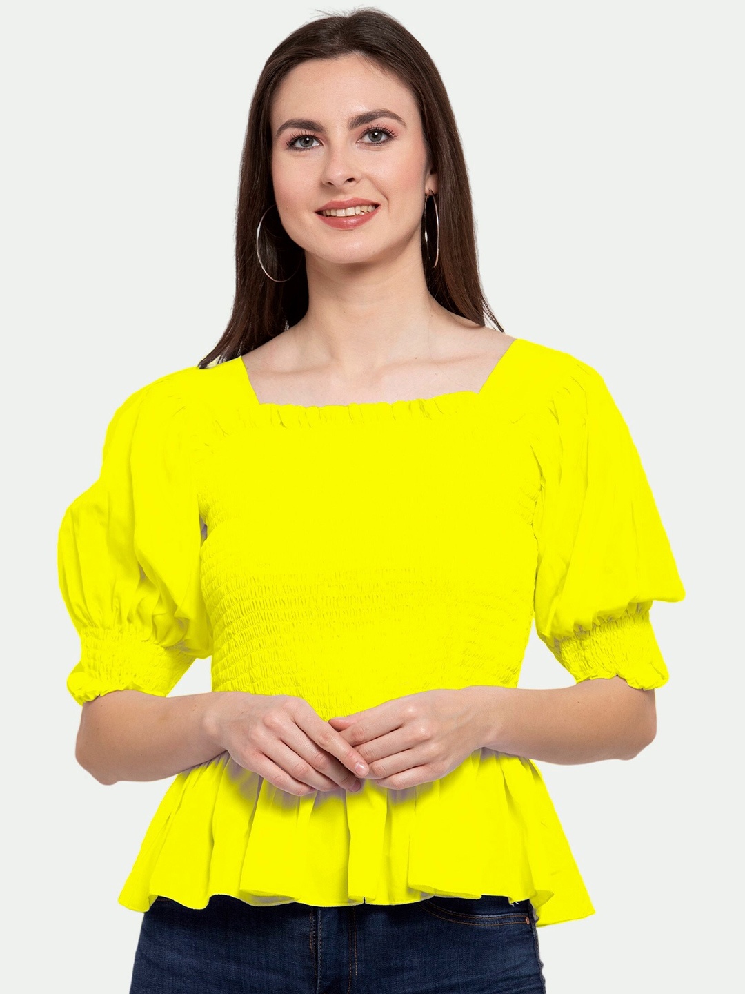 

PATRORNA Women Yellow Smocked Square Neck Peplum Top