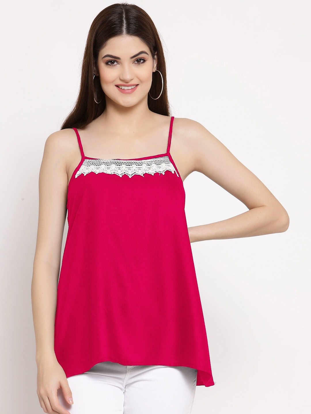 

PATRORNA Women Fuchsia Solid Lace Detail Asymmetrical A-line Top