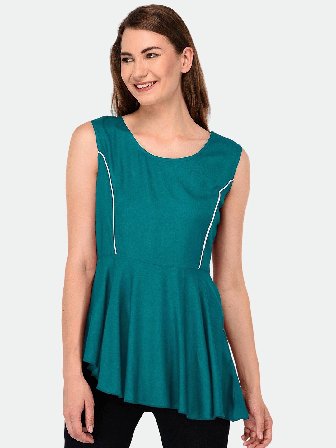 

PATRORNA Women Green Twisted Sleeveless Asymmetric Hem Peplum Top