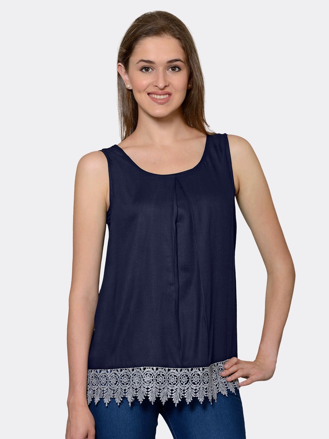 

PATRORNA Women Navy Blue Solid Lace Detail Top