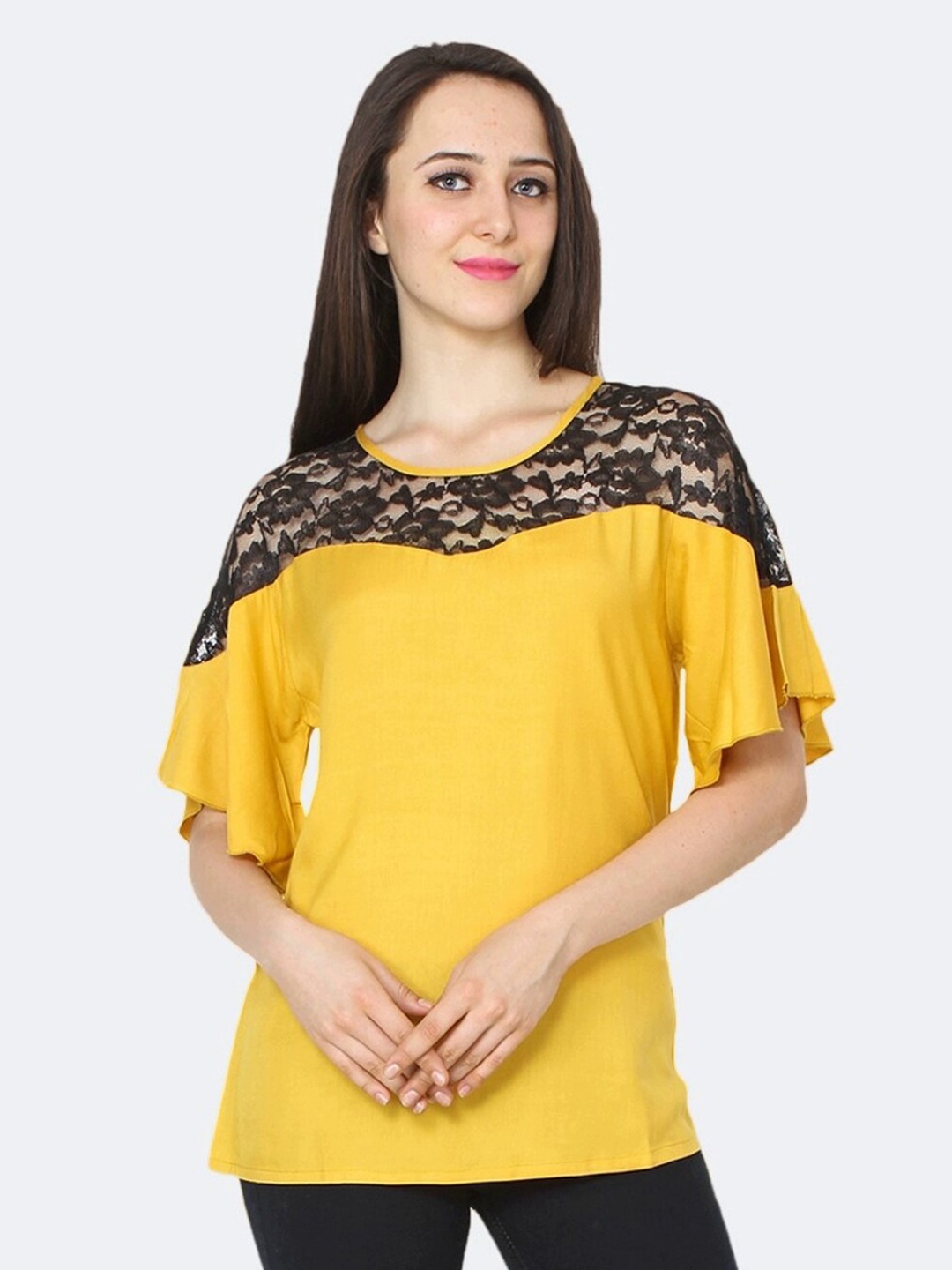 

PATRORNA Women Mustard Yellow And Black Lace Detail Top