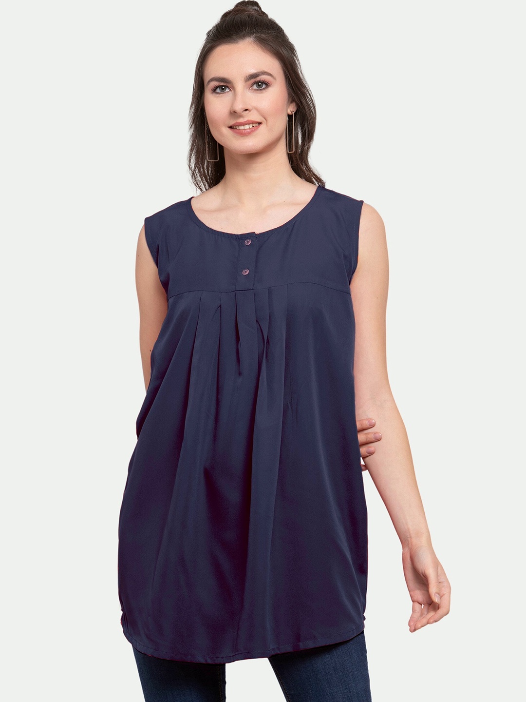 

PATRORNA Women Blue Solid Sleeveless Accordion Pleats Longline Top