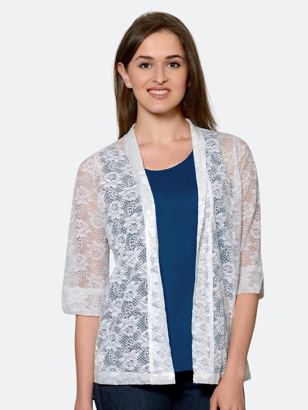 

PATRORNA Women Blue And White Solid Camisole Top With Lace Detail Shrug