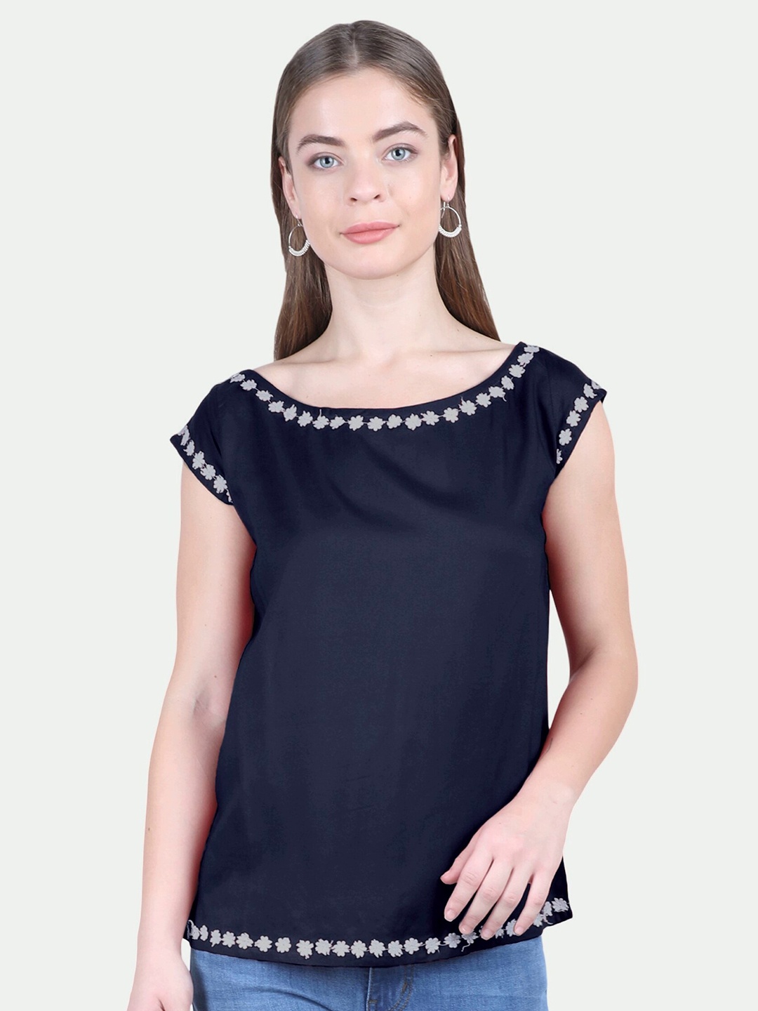 

PATRORNA Women Navy Blue Short Sleeves Floral Lace Detail Top