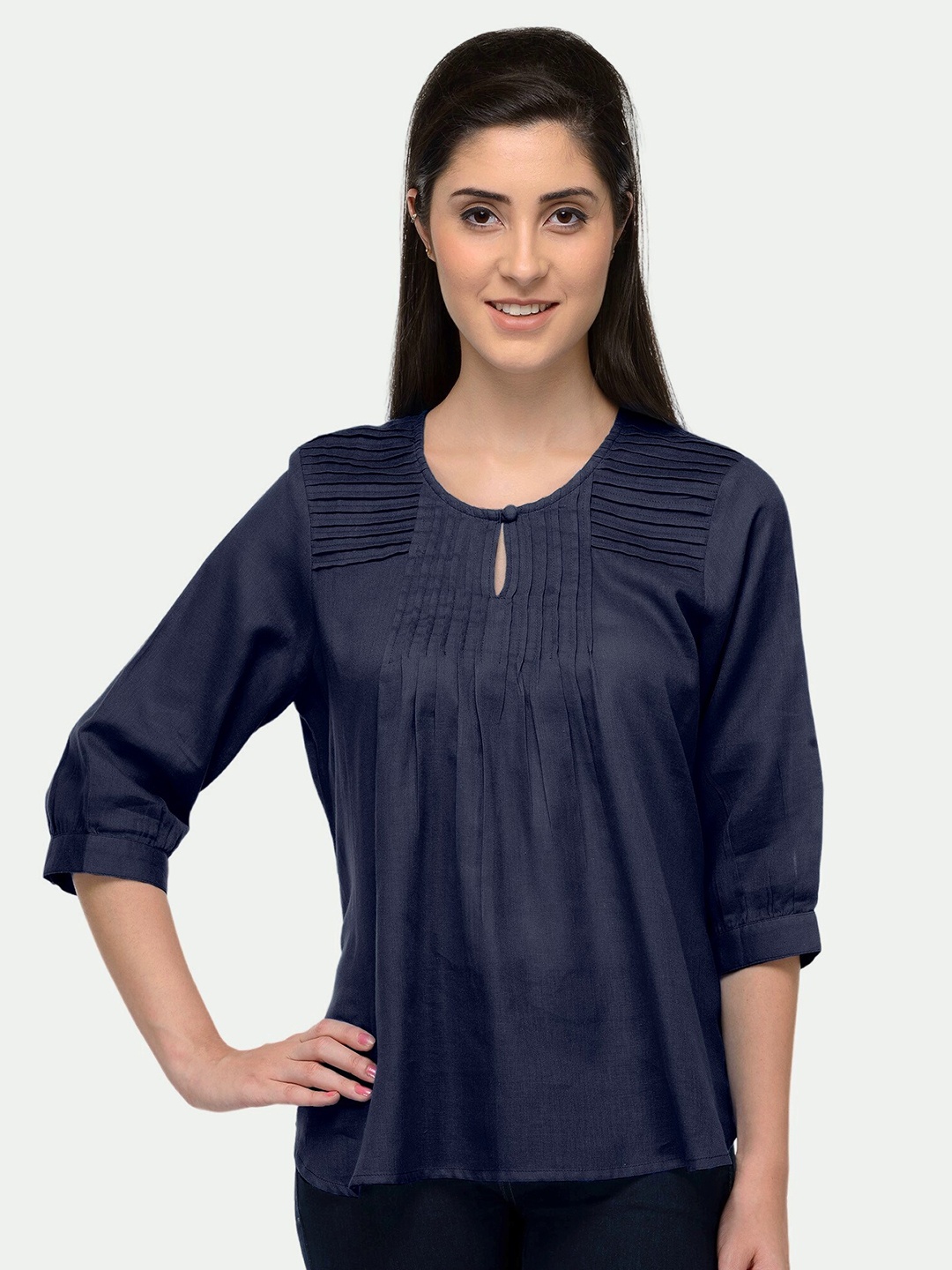 

PATRORNA Women Blue Keyhole Neck Pleated Top