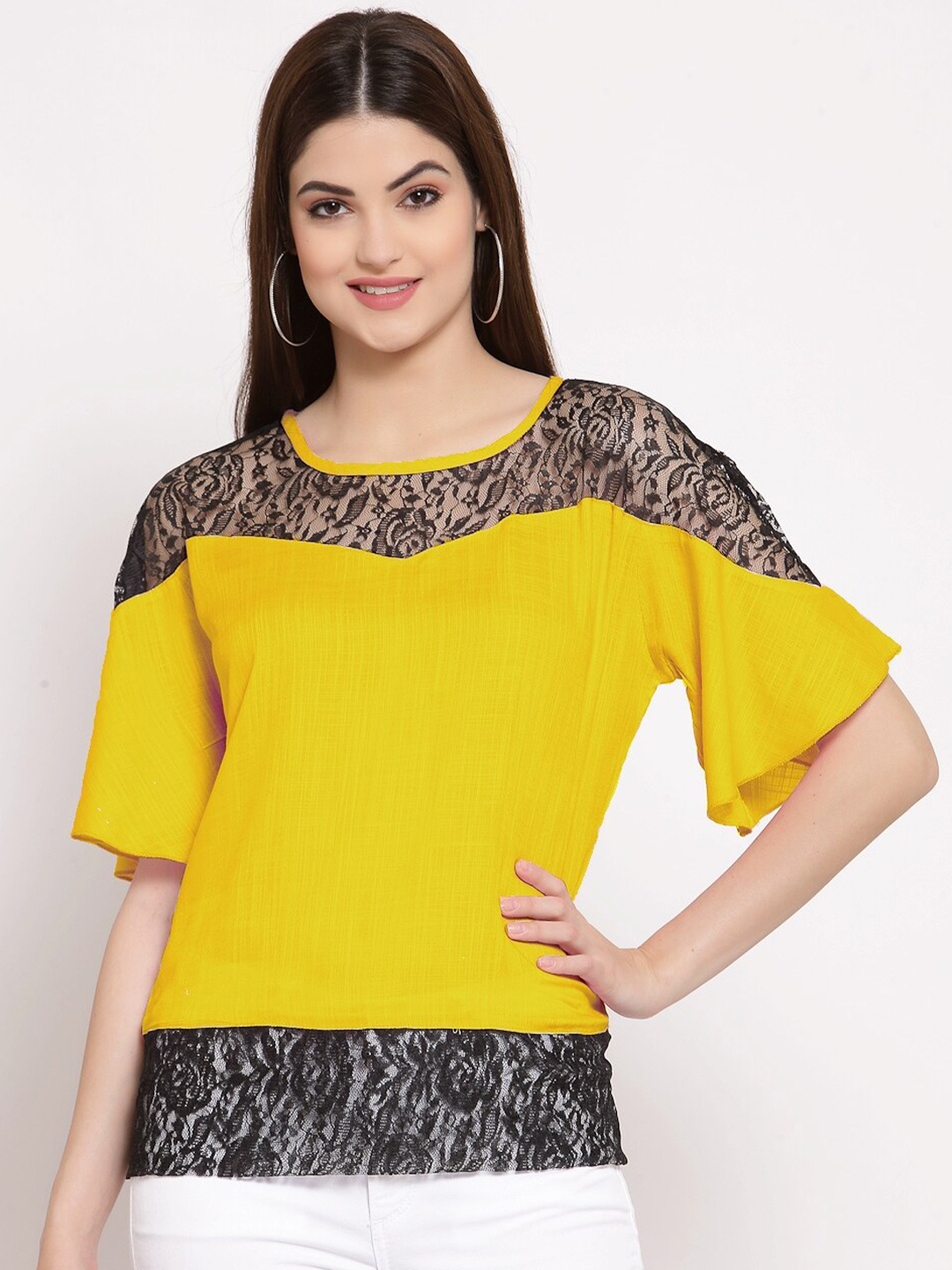 

PATRORNA Women Mustard Yellow & Black Raglan Sleeves Lace Detail Top