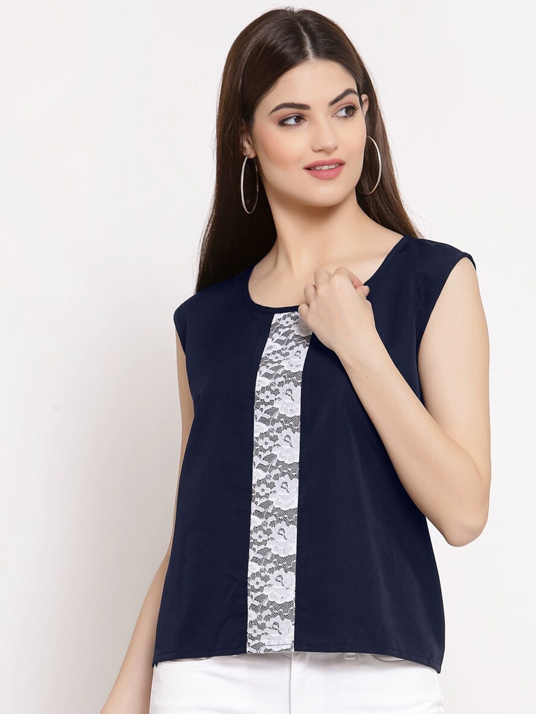 

PATRORNA Women Blue And White Sleeveless Lace Detail Top