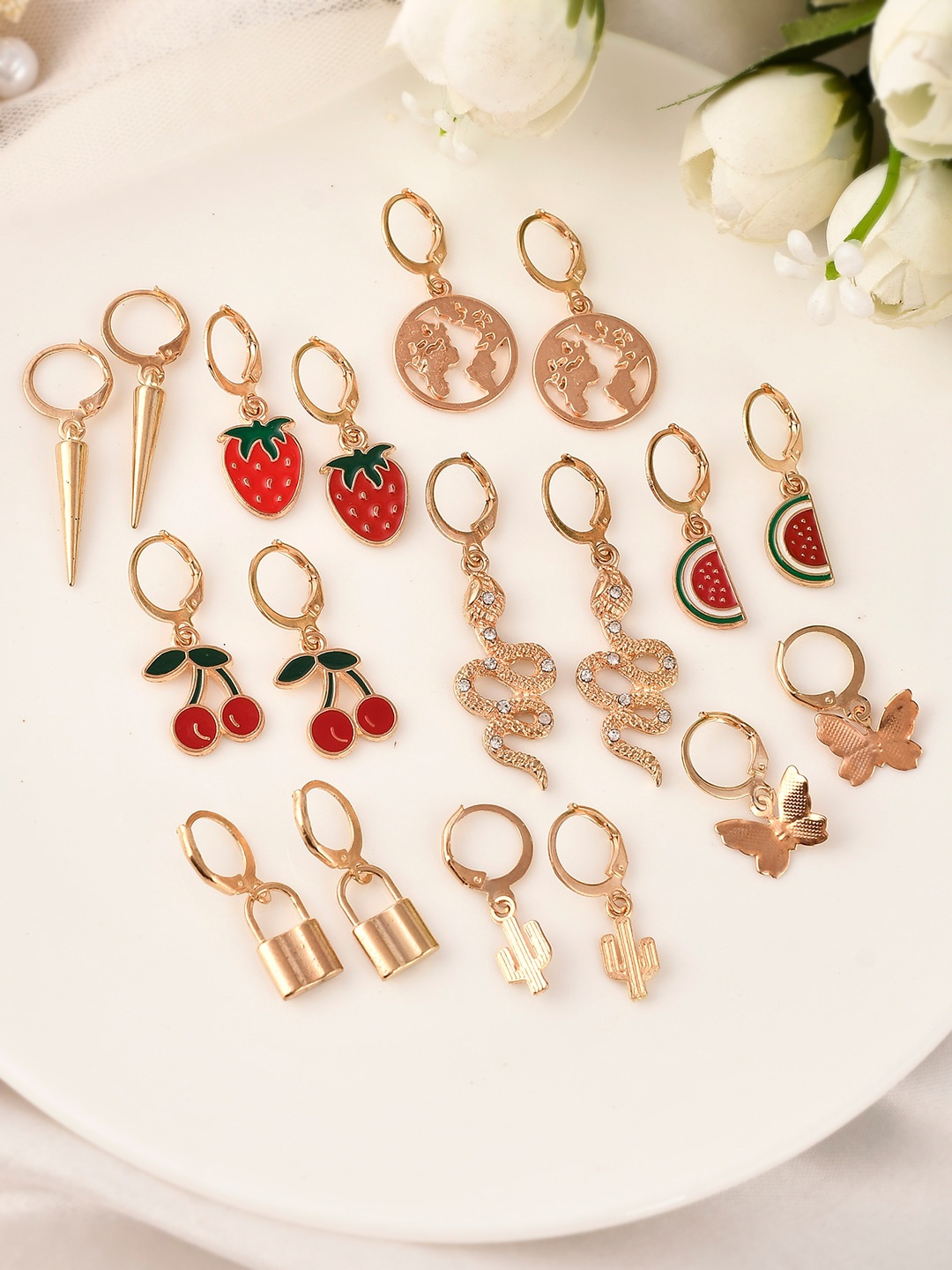 

AQUASTREET Set Of 9 Gold-Plated & Red Contemporary Drop Earrings