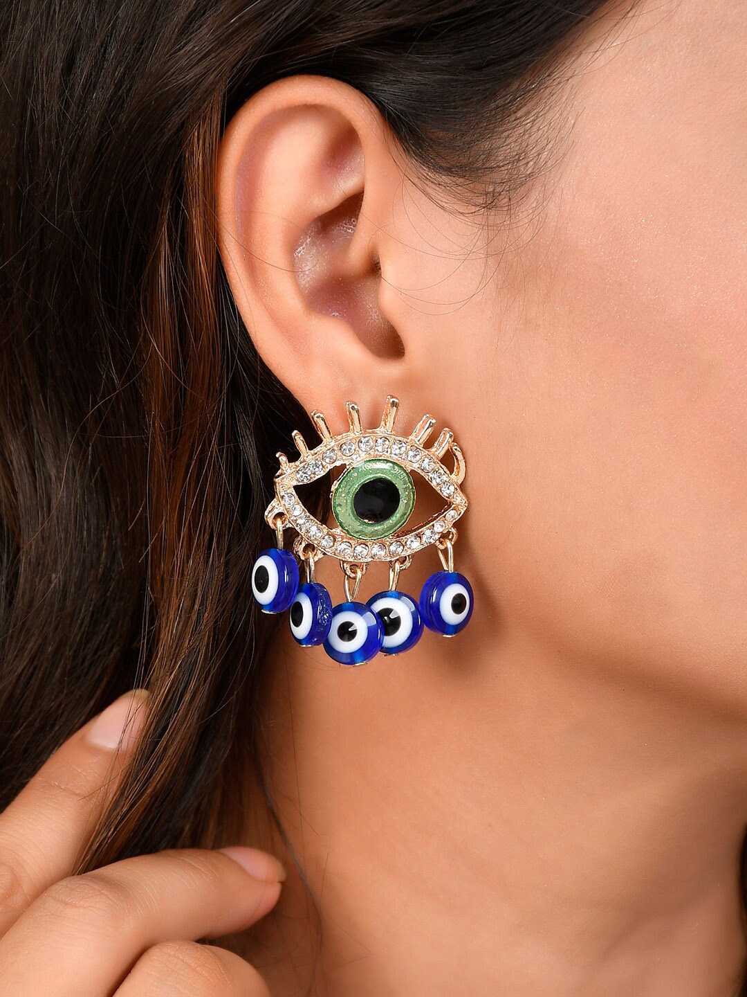 

AQUASTREET Women Gold-Plated Blue & Green Evil Eye Drop Earrings
