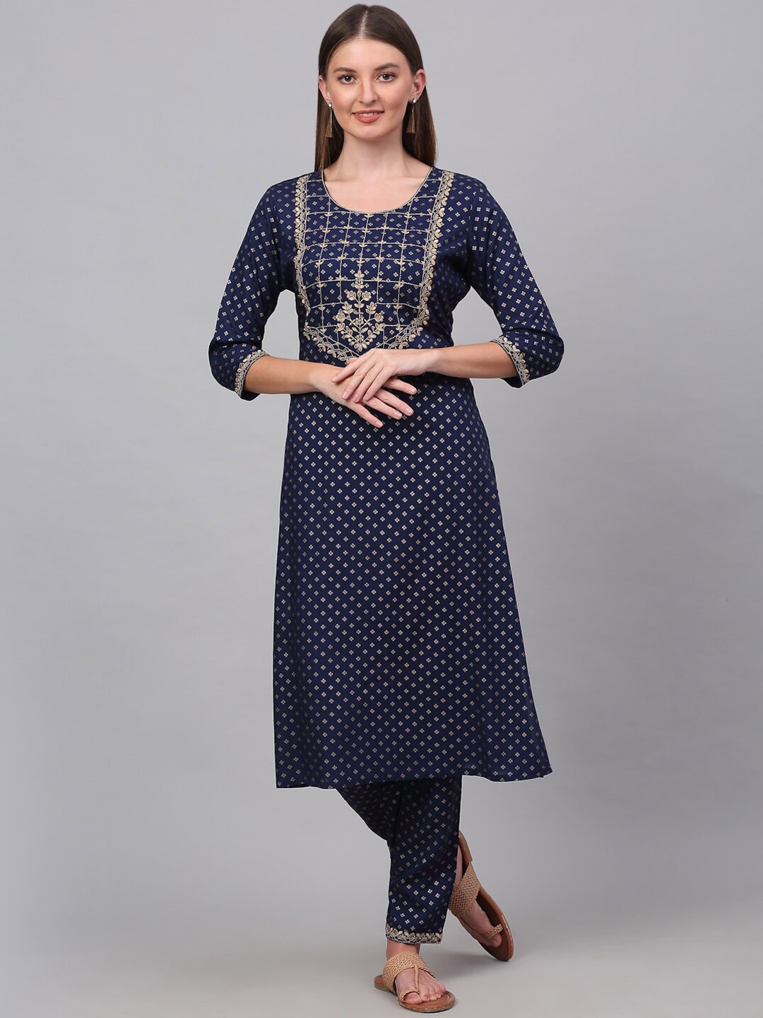 

KALINI Women Navy Blue Yoke Design Kurta with Trouser Set