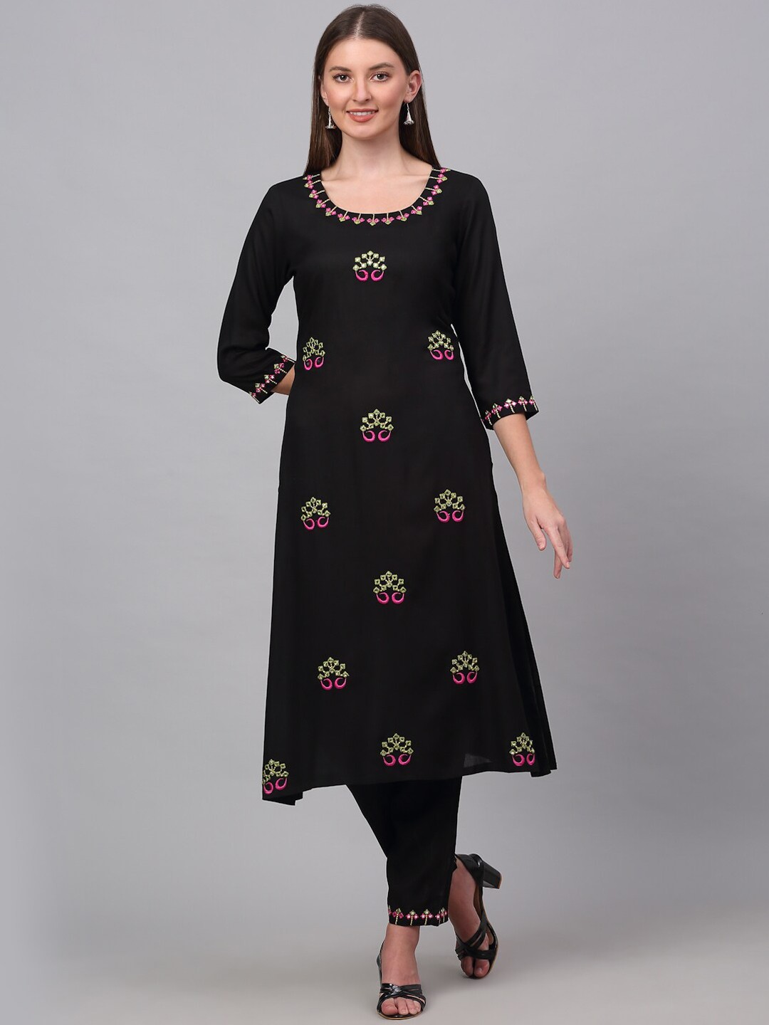 

KALINI Women Black Embroidered Sequinned Kurta with Palazzos