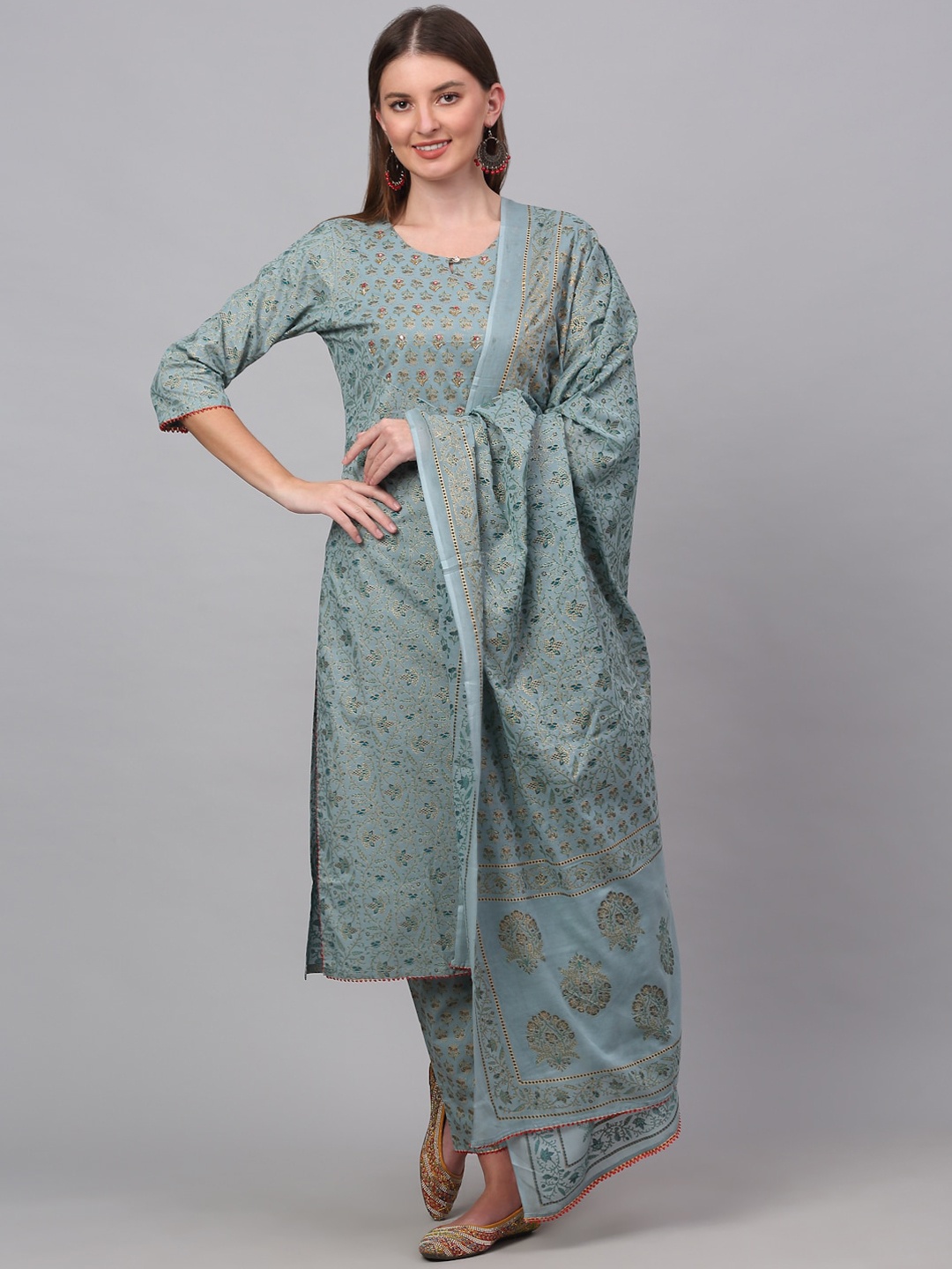 

KALINI Women Sea Green Printed Mirror Work Pure Cotton Kurta with Trousers & Dupatta