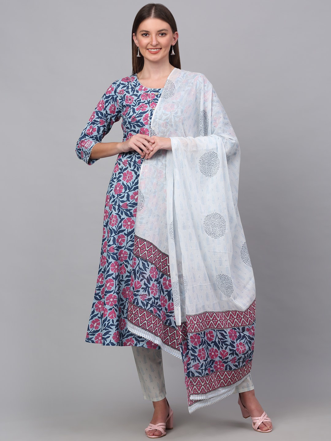 

KALINI Women Blue Floral Printed Empire Pure Cotton Kurta with Trousers & Dupatta