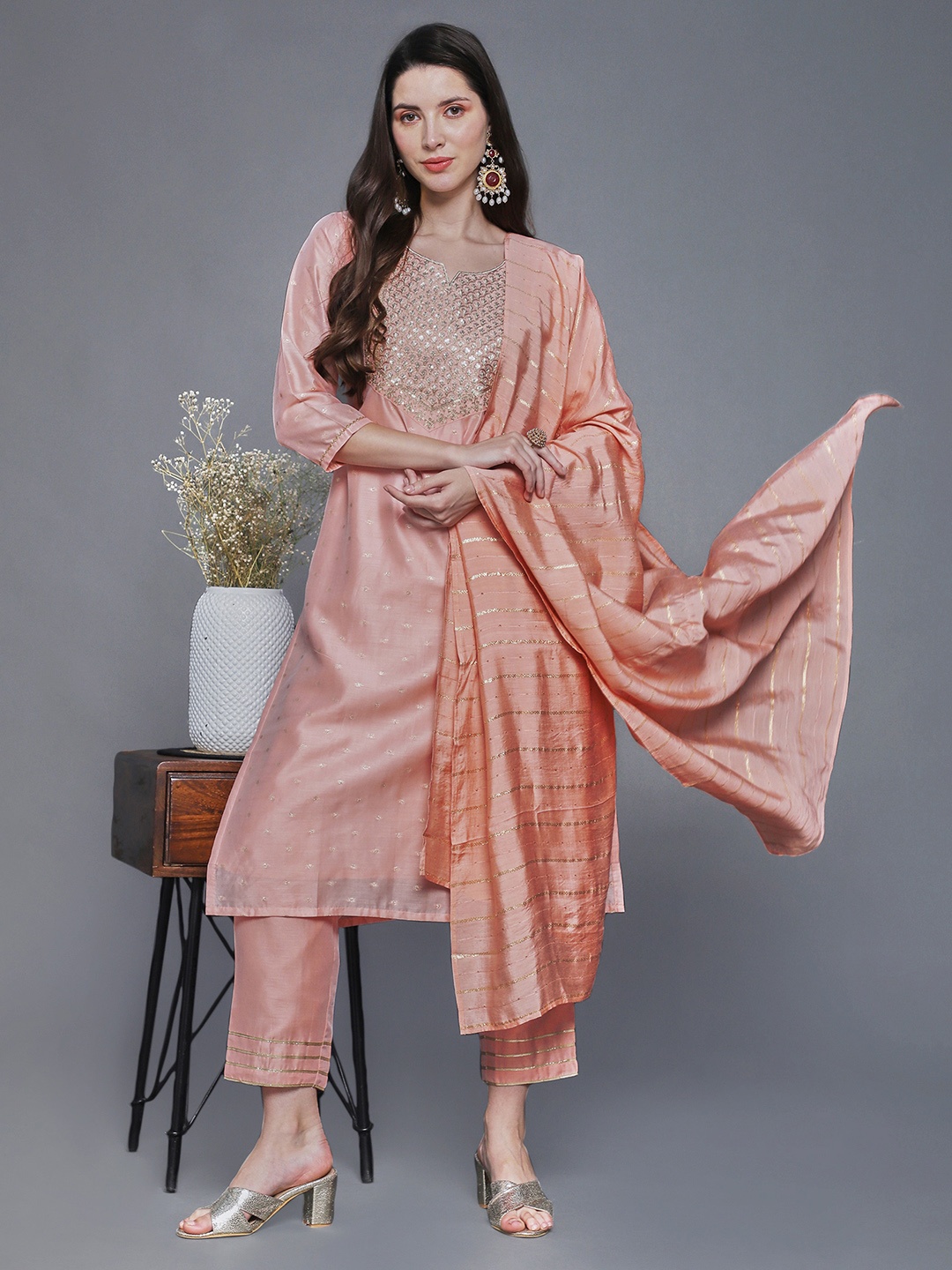 

Sunehri Women Peach-Coloured Floral Sequinned Chanderi Silk Kurta with Trousers & Dupatta