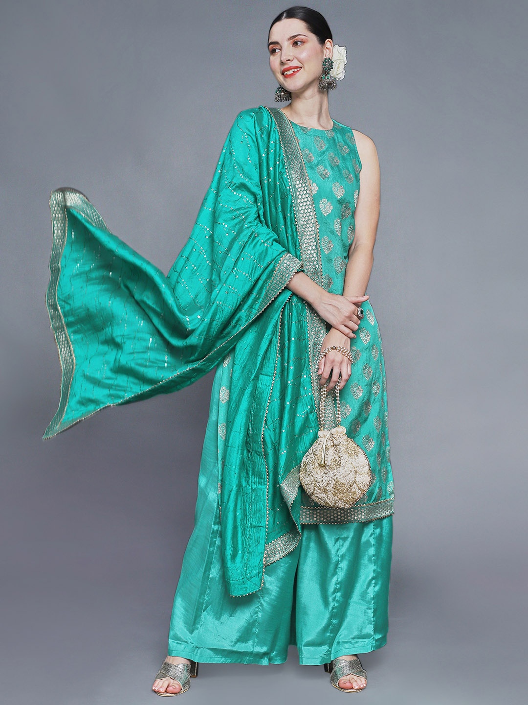 

Sunehri Women Turquoise Blue Floral Sequinned Kurta with Palazzos & With Dupatta