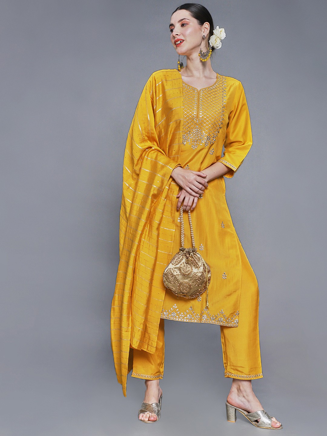 

Sunehri Women Mustard Yellow Floral Embroidered Kurta with Trousers & Dupatta