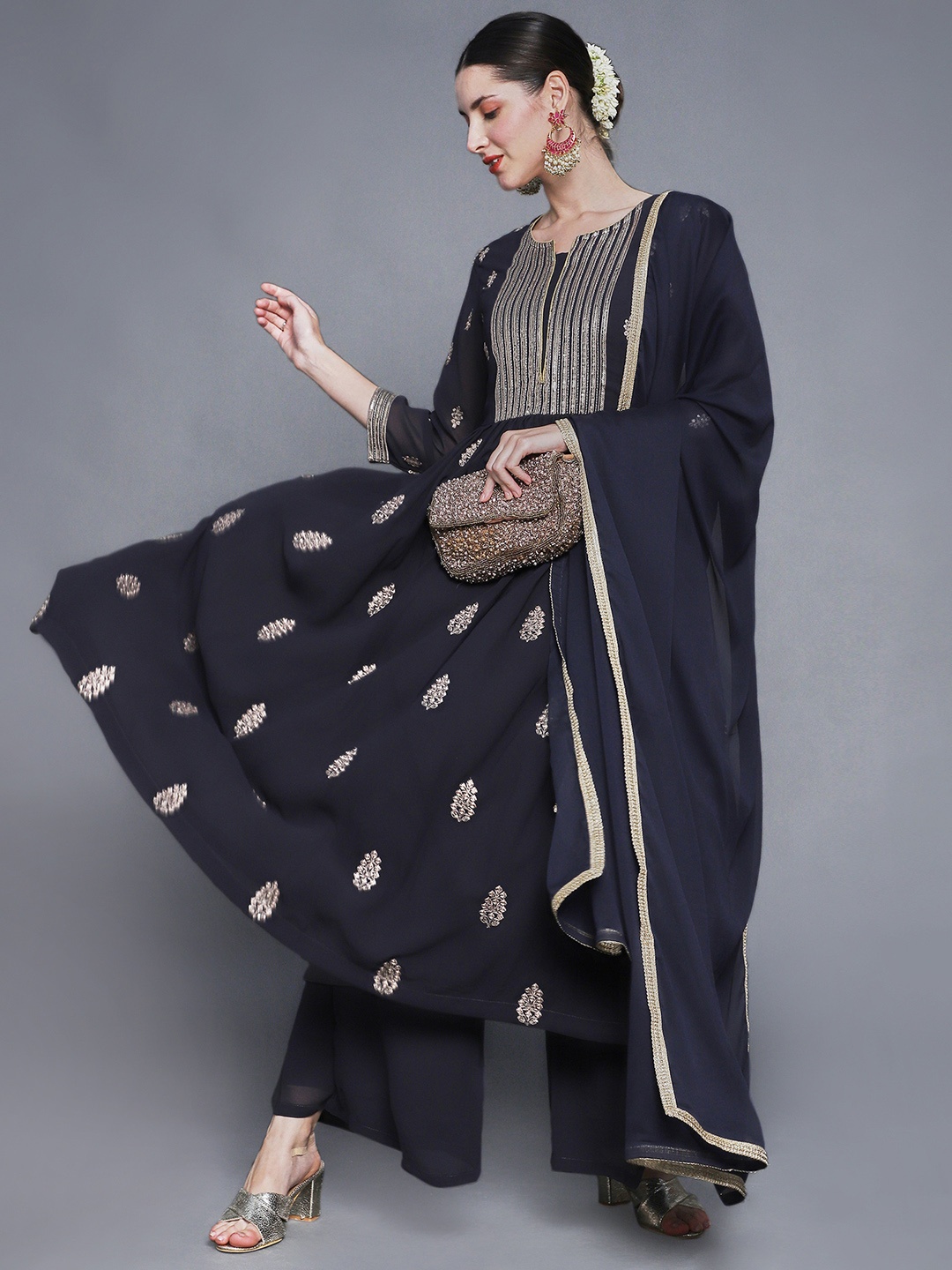 

Sunehri Women Navy Blue Floral Embroidered Kurta with Palazzos & With Dupatta