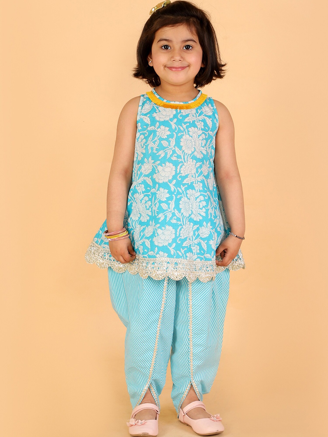 

LIL DRAMA Girls Blue Floral Printed Gotta Patti Pure Cotton Kurta with Dhoti Pants