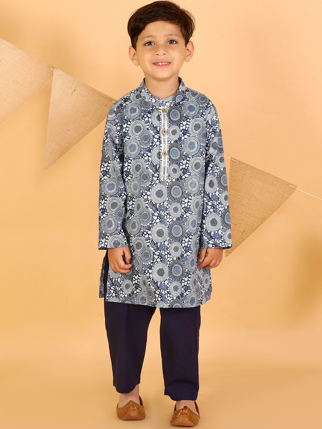 

LIL DRAMA Boys Navy Blue Printed Pure Cotton Straight Kurta with Pyjamas