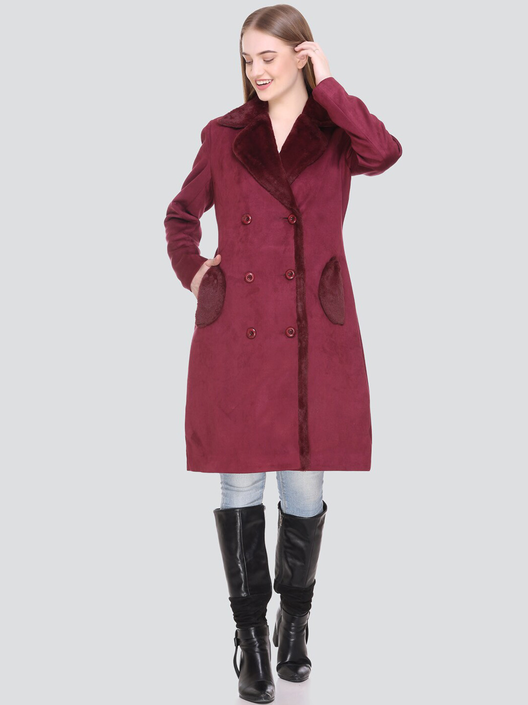 

HONNETE Women Maroon Solid Winter Coat Double Breasted Suede Longline Coat