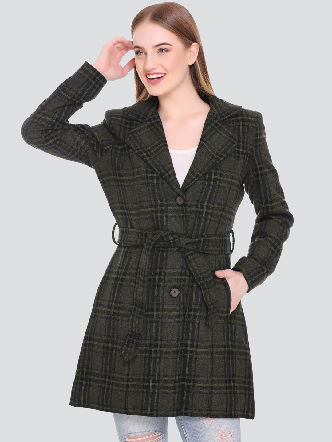 

HONNETE Women Olive Green Checked Winter Trench Coat