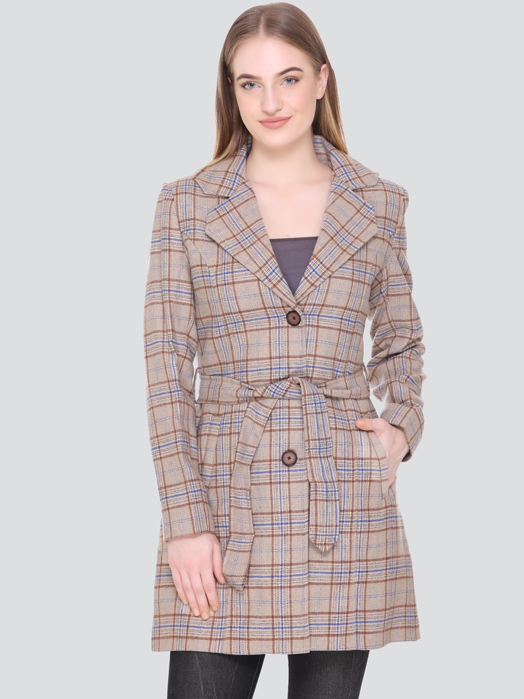 

HONNETE Women Beige Checked Coat