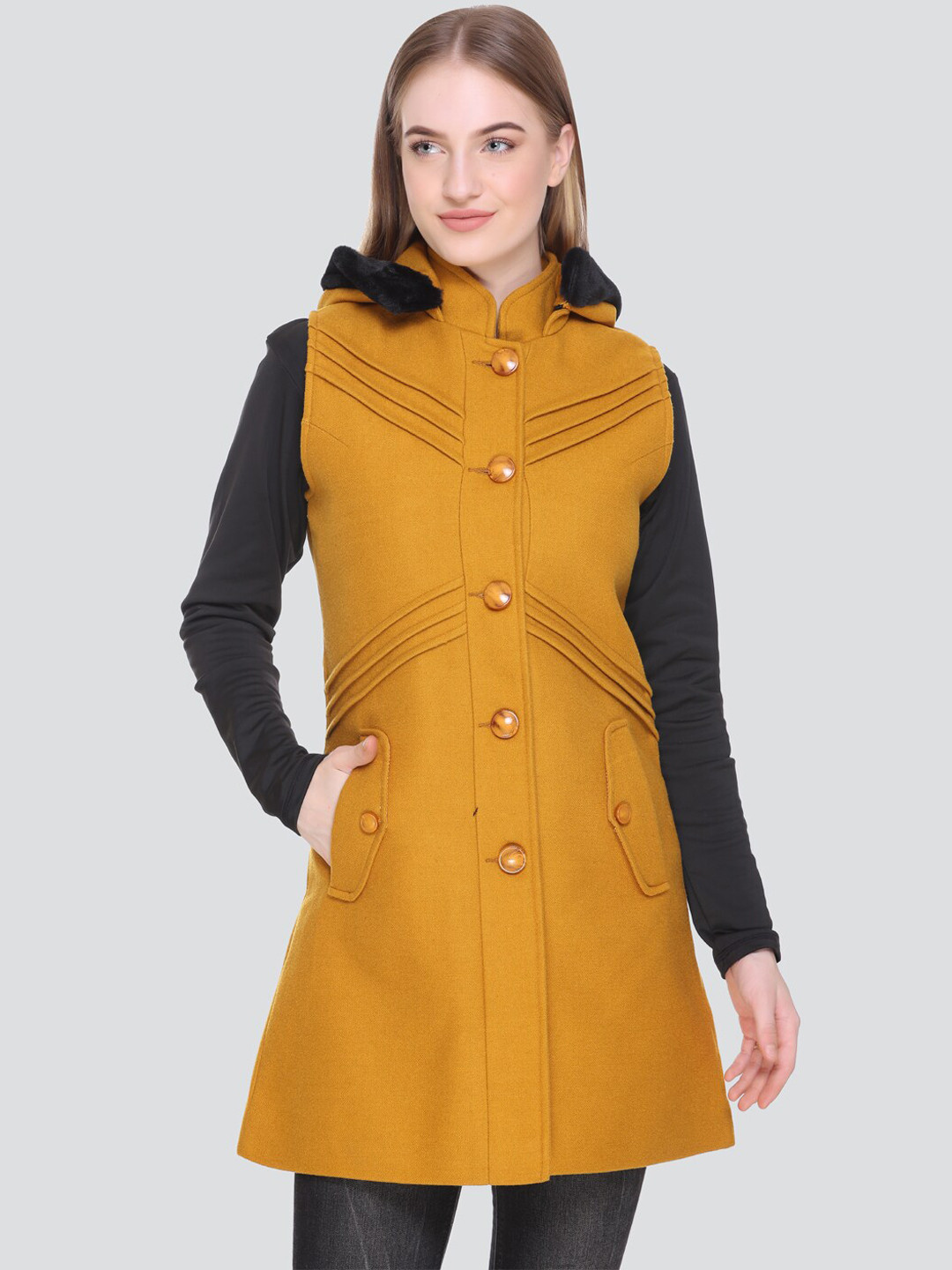 

HONNETE Women Mustard Yellow Hooded Coat
