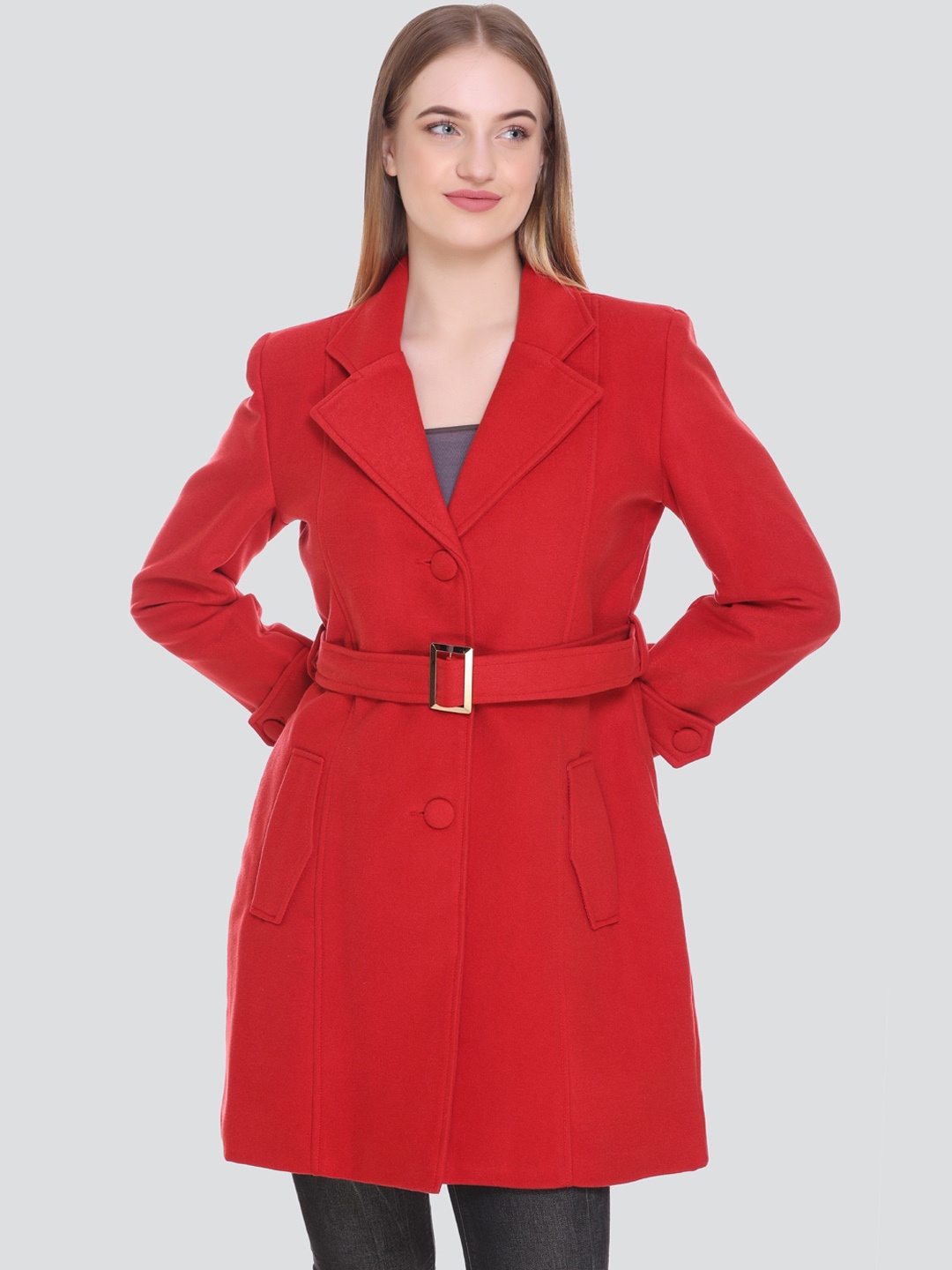 

HONNETE Women Red Solid Trench Coat