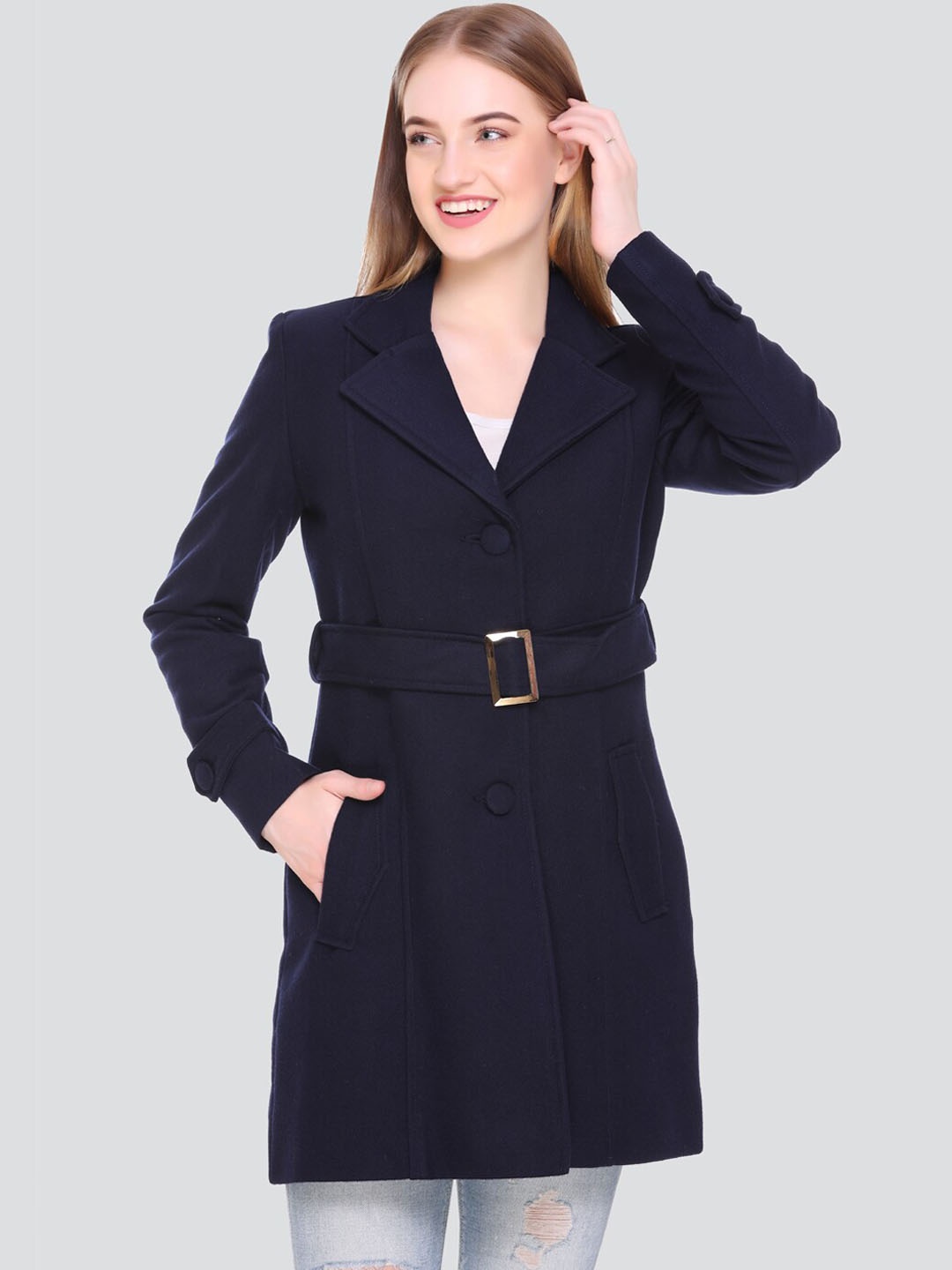 

HONNETE Women Navy Blue Solid Trench Coat