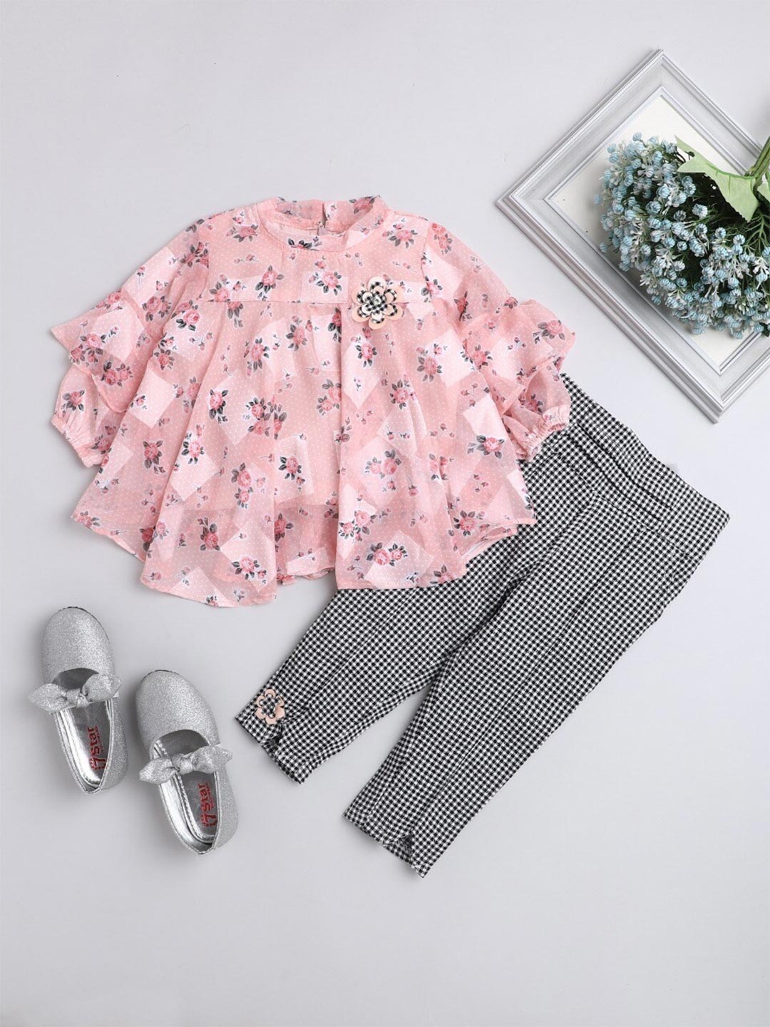 

The Magic Wand Girls Peach-Coloured & White Printed Top with Trousers