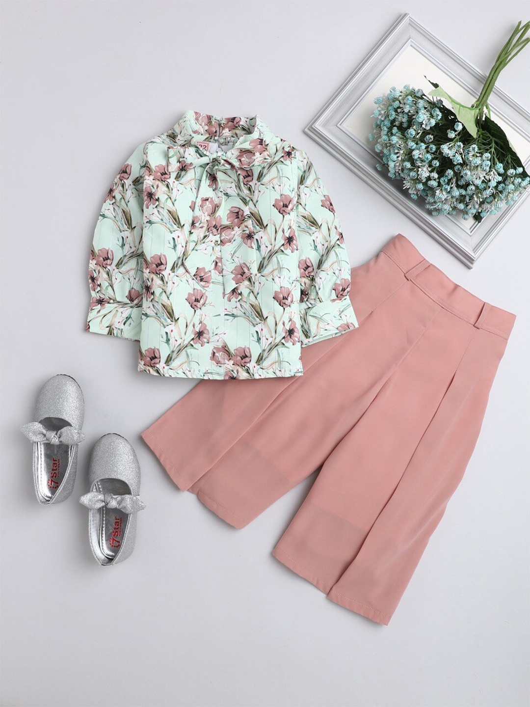 

The Magic Wand Girls Green & Peach-Coloured Printed Top with Palazzos